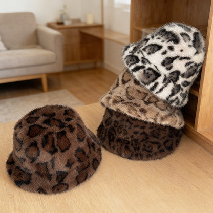 Winter And Autumn Melamine Color Leopard Print Plush Round-brimmed Fishing Hat, Soft And Fluffy Wide Brimmed, Warm And Protective Against The Cold