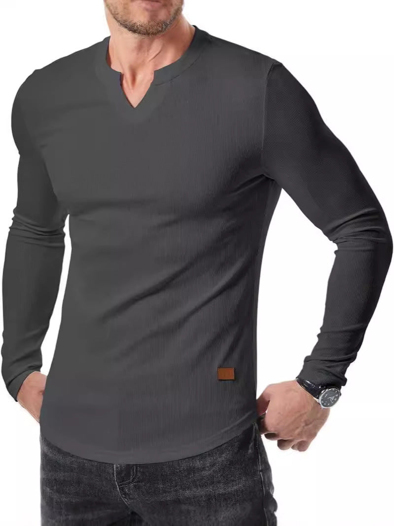 Cross-border Amazon New Foreign Trade Autumn And Winter Men's V-neck Pit T-shirt Solid Color Casual Fashion Men's Long Sleeve