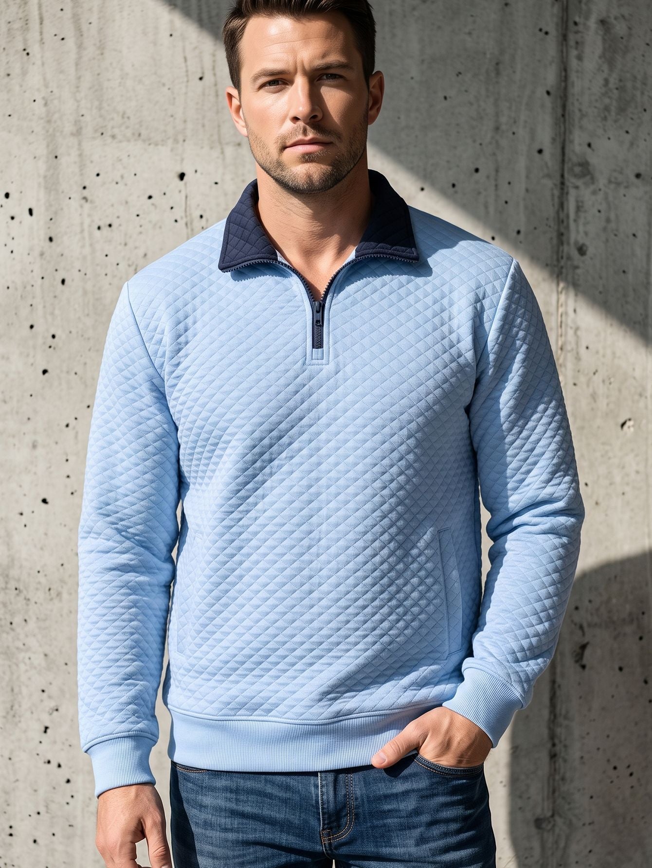 Mens Diamond-Check Half-Zip Stand-Collar Long-Sleeve Sweatshirt