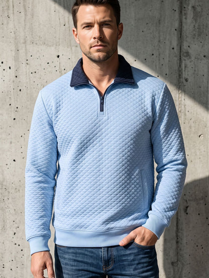 Mens Diamond-Check Half-Zip Stand-Collar Long-Sleeve Sweatshirt