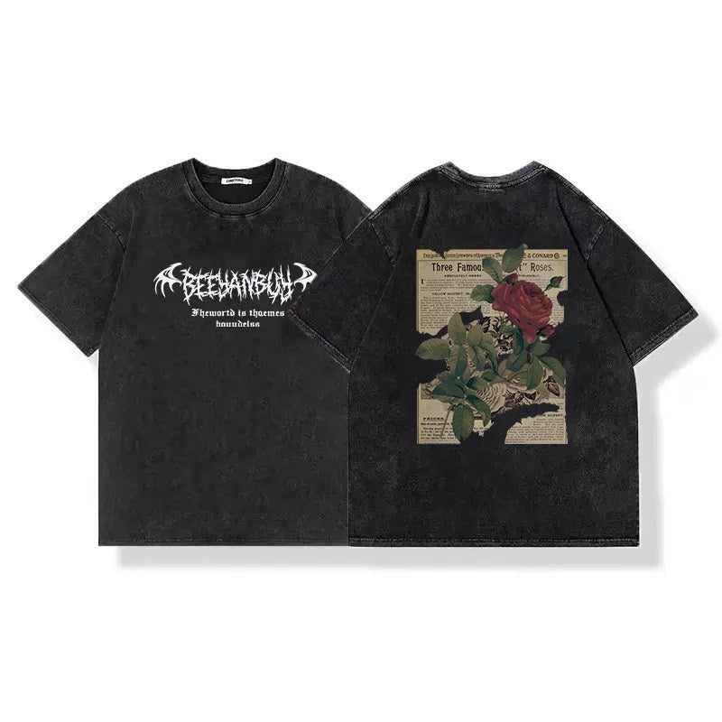 Cotton American-style Vintage Washed-and-faded Black Short-sleeve Shirt