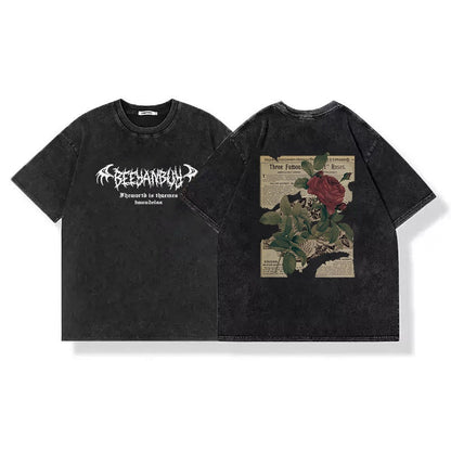 Cotton American-style Vintage Washed-and-faded Black Short-sleeve Shirt