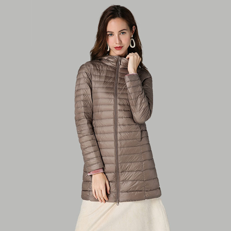 Lightweight Mid-length White Duck Down Slim-fit Winter Hooded Coat