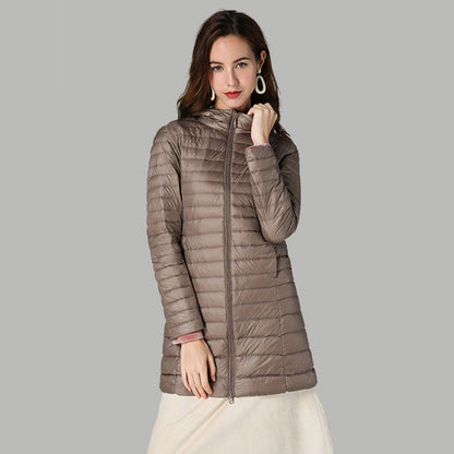 Lightweight Mid-length White Duck Down Slim-fit Winter Hooded Coat