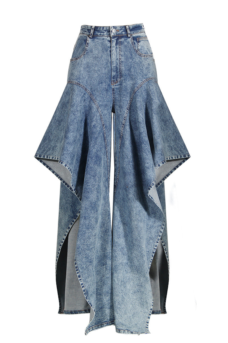 Vintage Washed Denim Asymmetric Ruffle Flare Wide Leg Pants