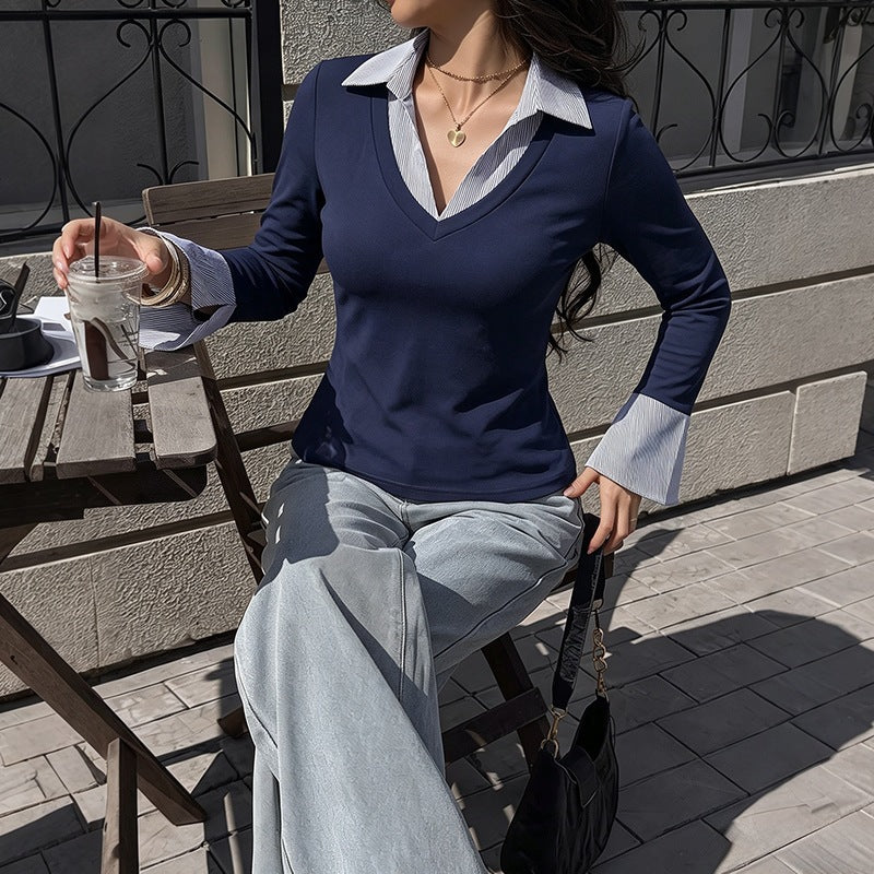 Color-block V-neck Fitted Top For Women