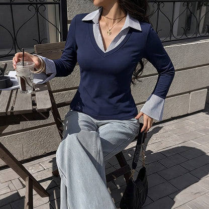 Color-block V-neck Fitted Top For Women