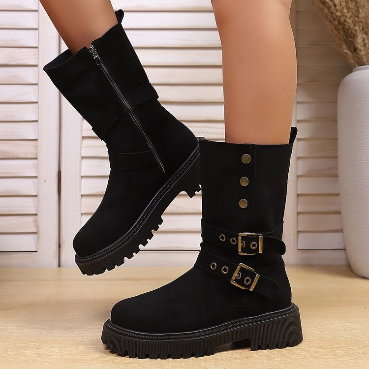 Women Retro Suede Mid Calf Boots Double Buckle Metal Rivet Thick Platform Moto Western Boots