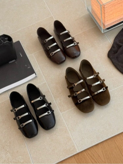 Women's Metal Buckle Square Toe Mary Jane Ballet Flats, Versatile Comfortable Low Cut Flat Dress Shoes