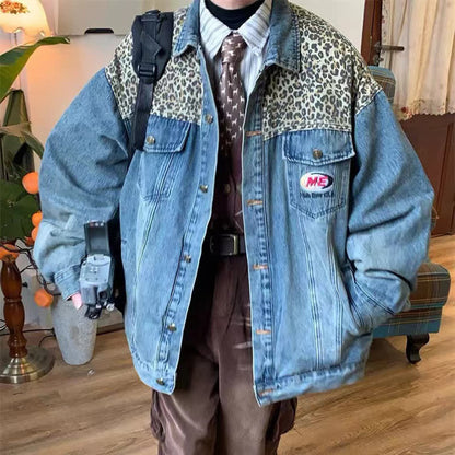Mens Leopard-print Patchwork Denim Shirt Jacket