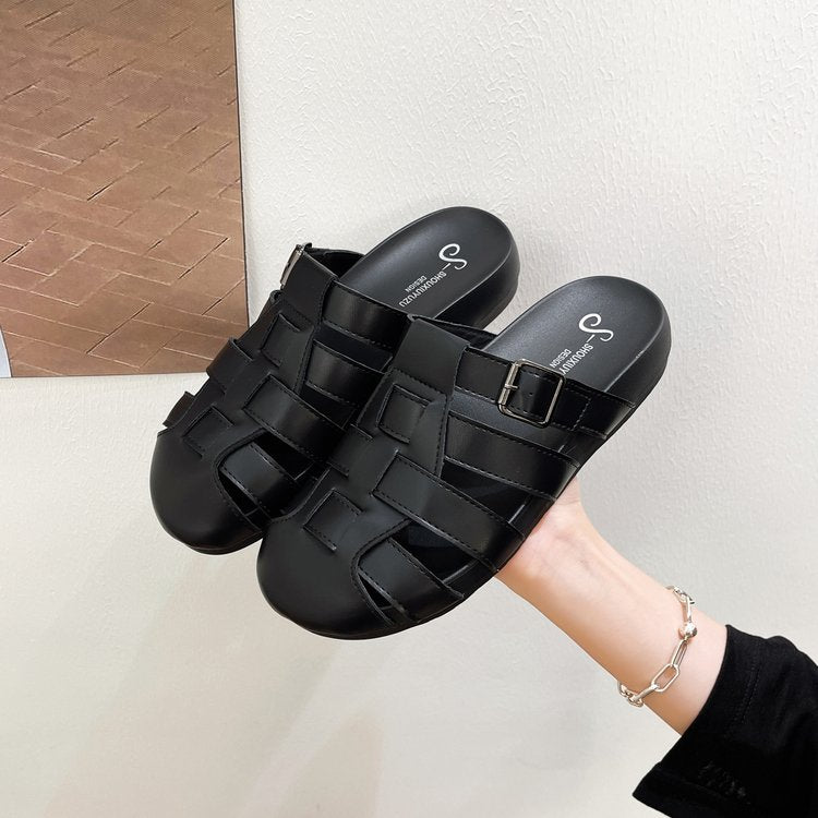 French-style Open-toed Slippers For Women, Summer Outdoor Wear, One-piece Open-toe Roman Sandals, Versatile Casual Mules, Flat Casual Sandals