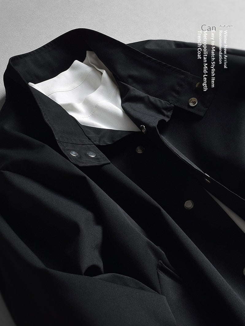 Mens Stand-Neck Single-Breasted Trench Coat Loose-Fit Casual Lapel Jacket