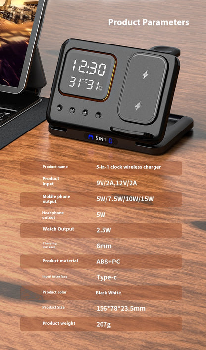 15W Wireless Chargers Stand 5 In1 LED Digital Alarm Clock Fast Charging Dock Station