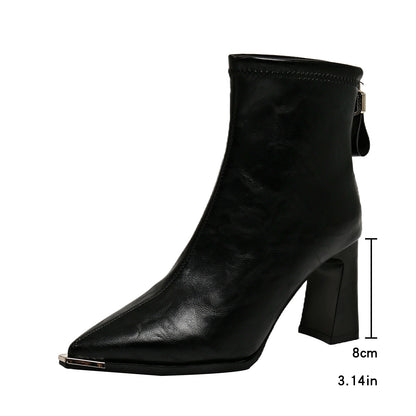 French Style Block Heel Spring Autumn Winter New Ankle Boots Slimming Match Skirt Warm Pointed Toe High Heel Boots Fashion Elegant Fashion Boots