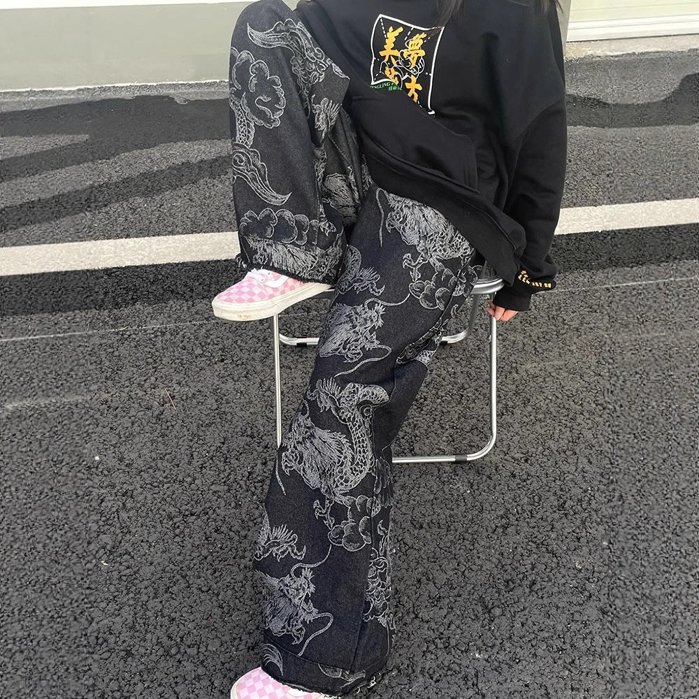 American-style Vintage Edgy Dragon-print Slimming Wide-leg Denim Pants