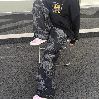 American-style Vintage Edgy Dragon-print Slimming Wide-leg Denim Pants
