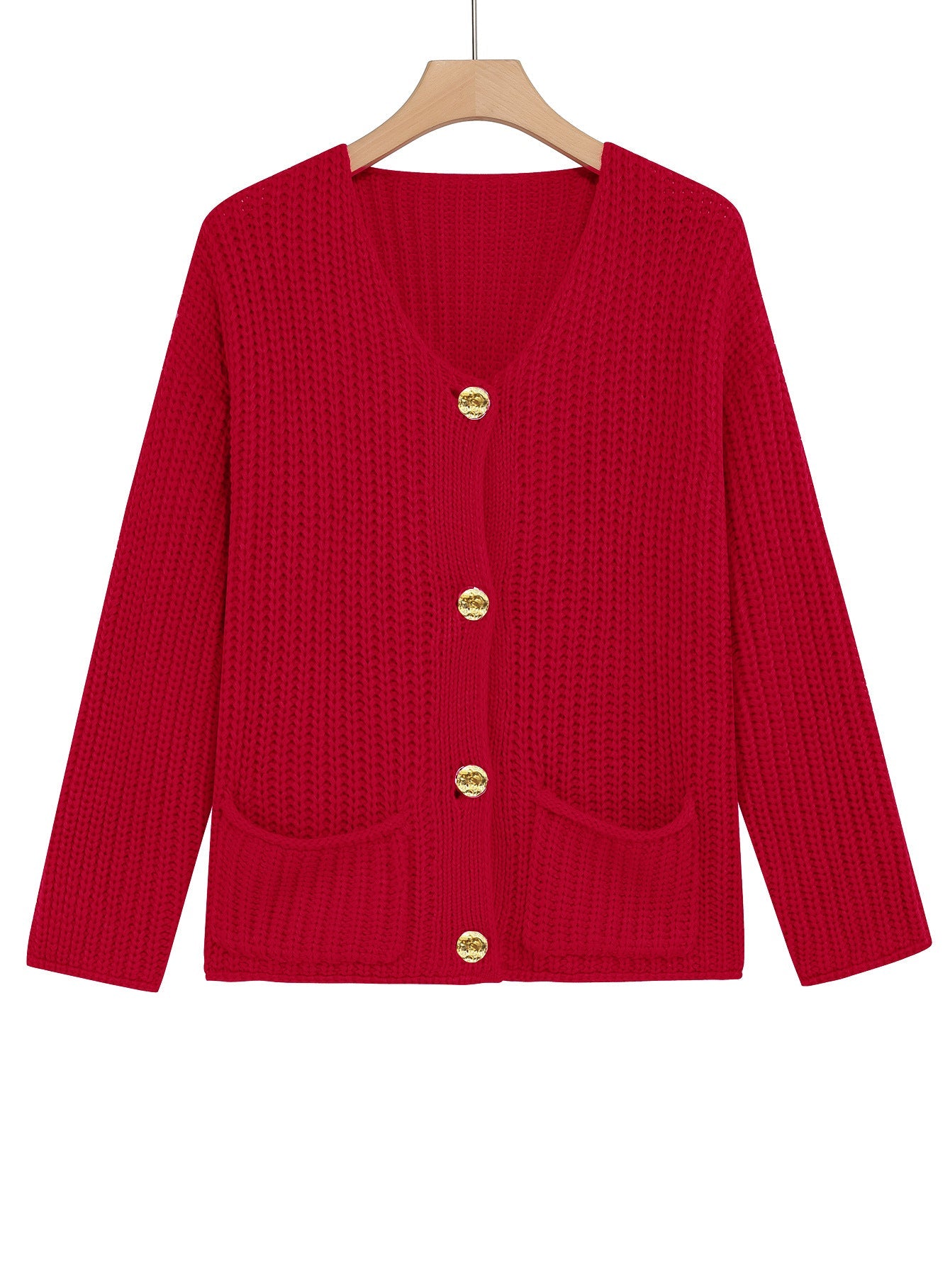 New Arrival For Autumn&Winter Vintage Gold Button Thick Ribbed Knit Red Cardigan With Pockets