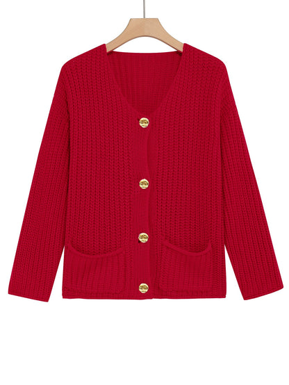 New Arrival For Autumn&Winter Vintage Gold Button Thick Ribbed Knit Red Cardigan With Pockets