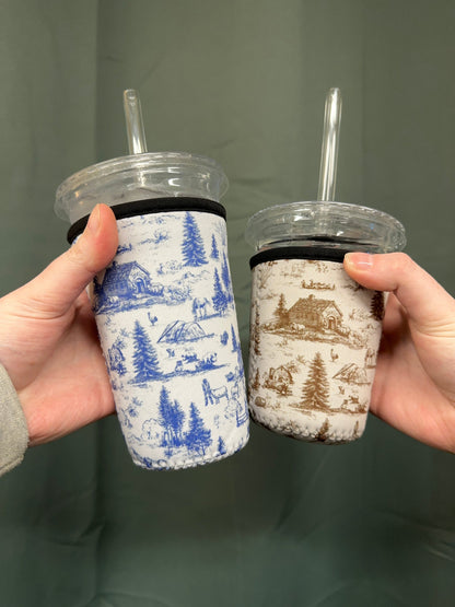 Western Barn Toile Coffee Sleeve | Reusable Neoprene Iced Coffee Cup Cover (16–24oz)