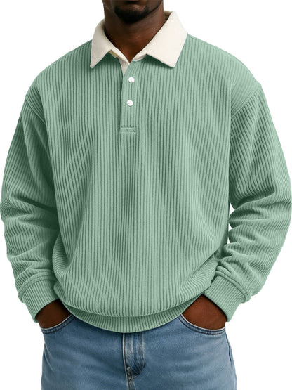 Mens Retro Color-block Corduroy Striped Casual Long-sleeve Shirt