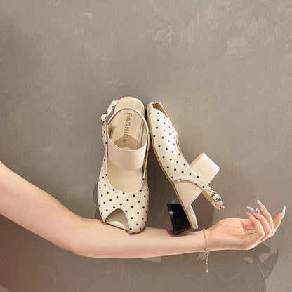 Summer Women Polka Dot Square Toe Closed Toe Sandals, Backless Mary Jane Elegant Low Heel Comfort Shoes For Dresses