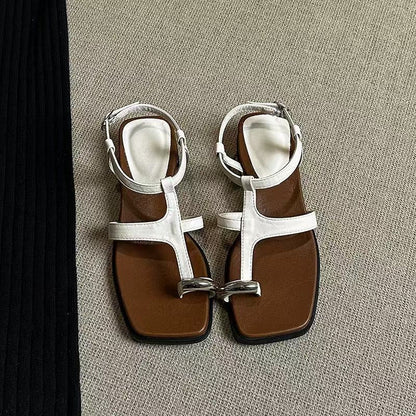 Women's Fashion Metal Buckle Thong Square Toe Sandals, 2026 Summer New, Niche Design Versatile Mid Heel Slide Slippers