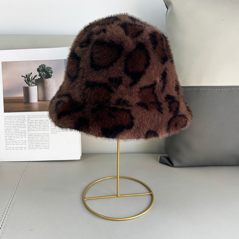 Winter And Autumn Melamine Color Leopard Print Plush Round-brimmed Fishing Hat, Soft And Fluffy Wide Brimmed, Warm And Protective Against The Cold