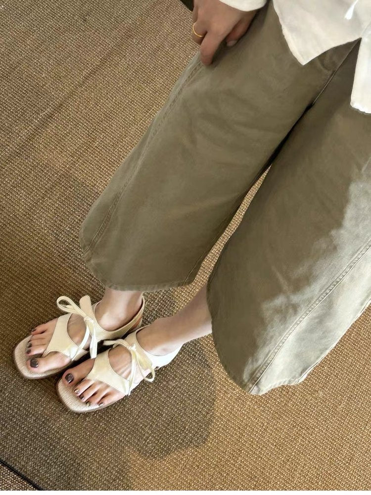 Vintage Elegant Bow Square Toe Thong Block Heel Sandals For Women, Summer Flip Flop Roman Sandals With Velcro Closure