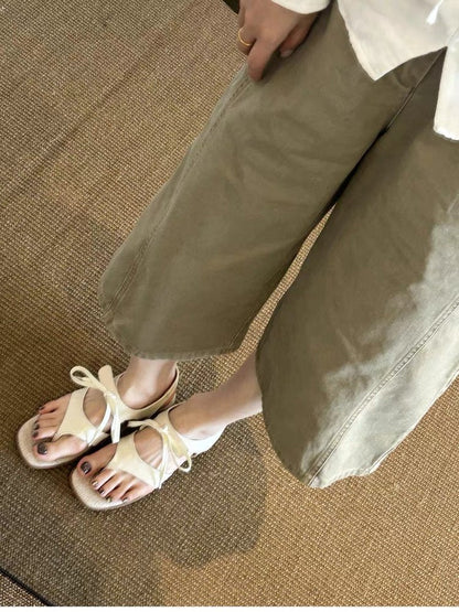Vintage Elegant Bow Square Toe Thong Block Heel Sandals For Women, Summer Flip Flop Roman Sandals With Velcro Closure