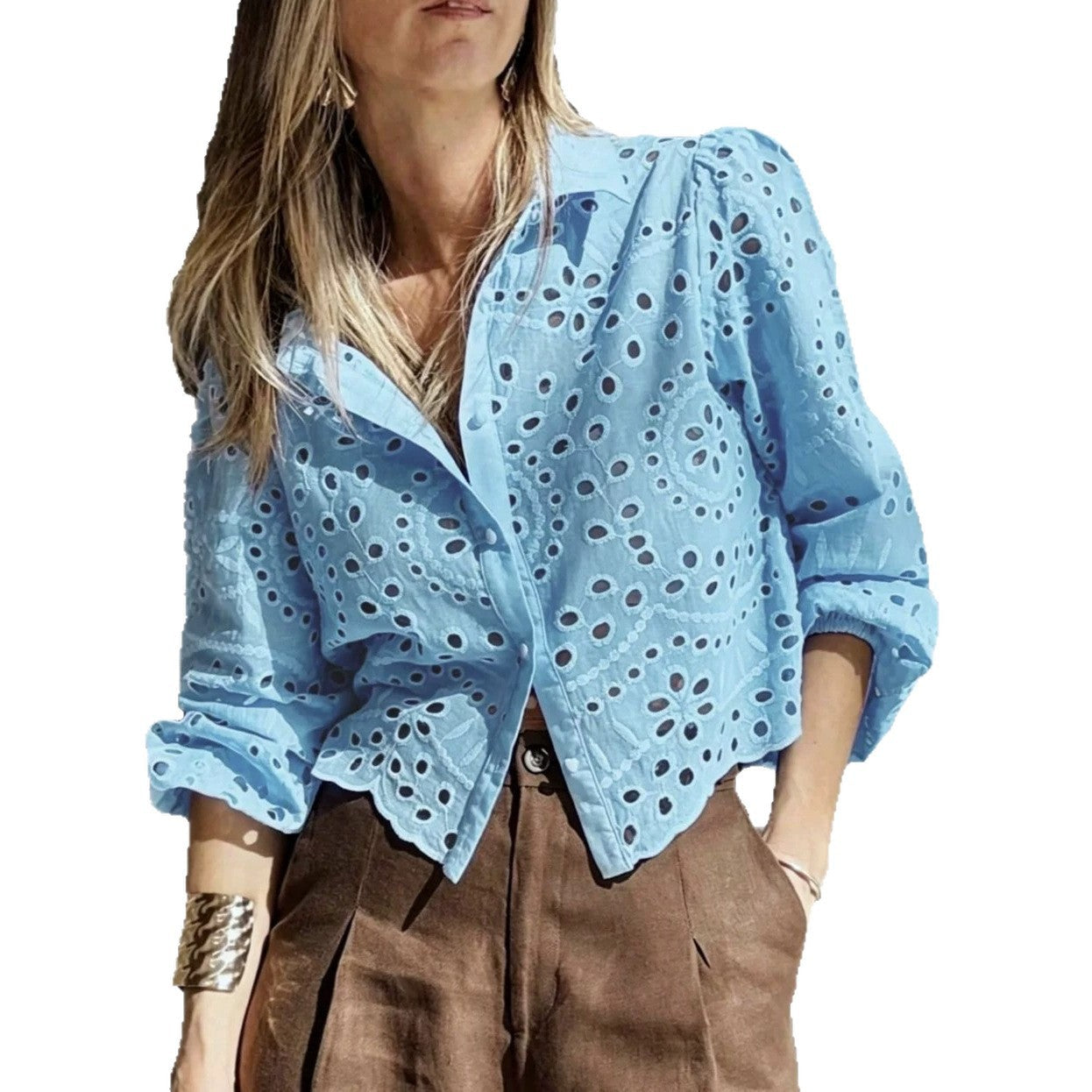 Women's Solid-color Loose-fit Hollow-out Embroidered Short Shirt