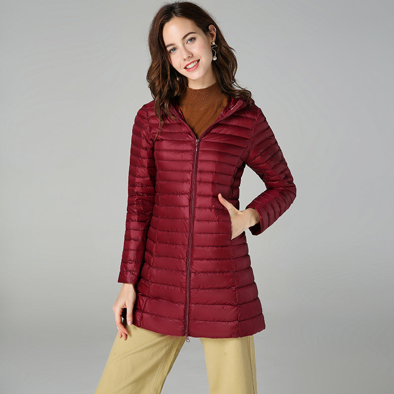 Lightweight Mid-length White Duck Down Slim-fit Winter Hooded Coat