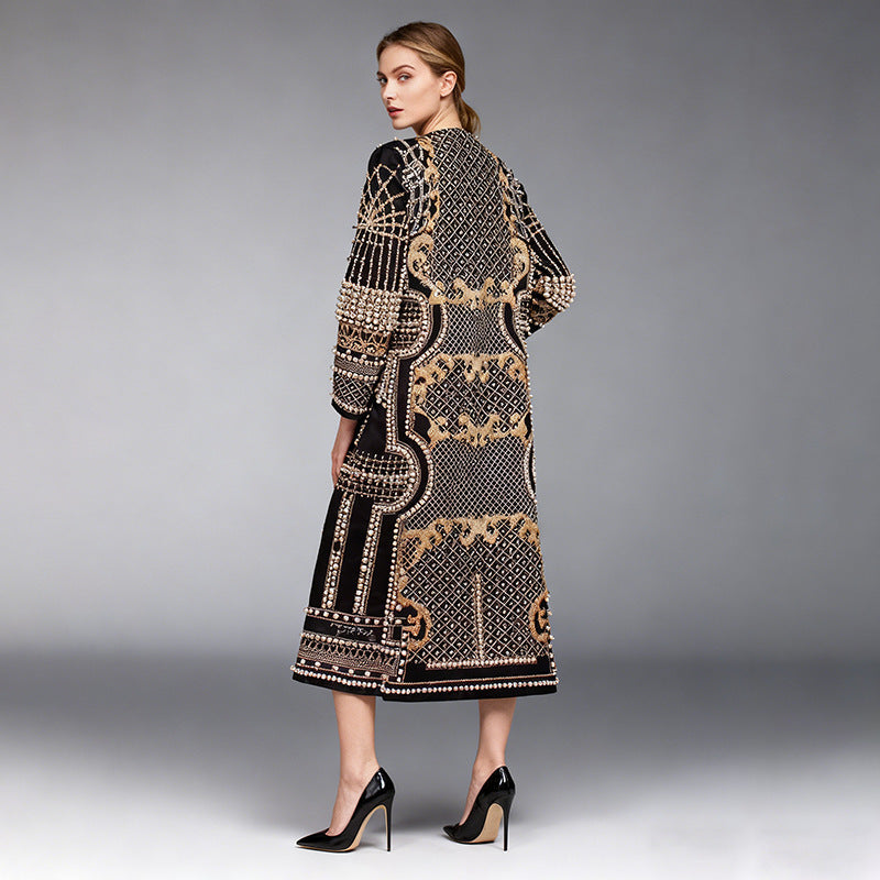 Womens Long Suit-Style Trench Coat With Floral Print And Beading