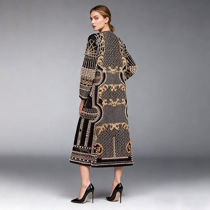 Womens Long Suit-Style Trench Coat With Floral Print And Beading
