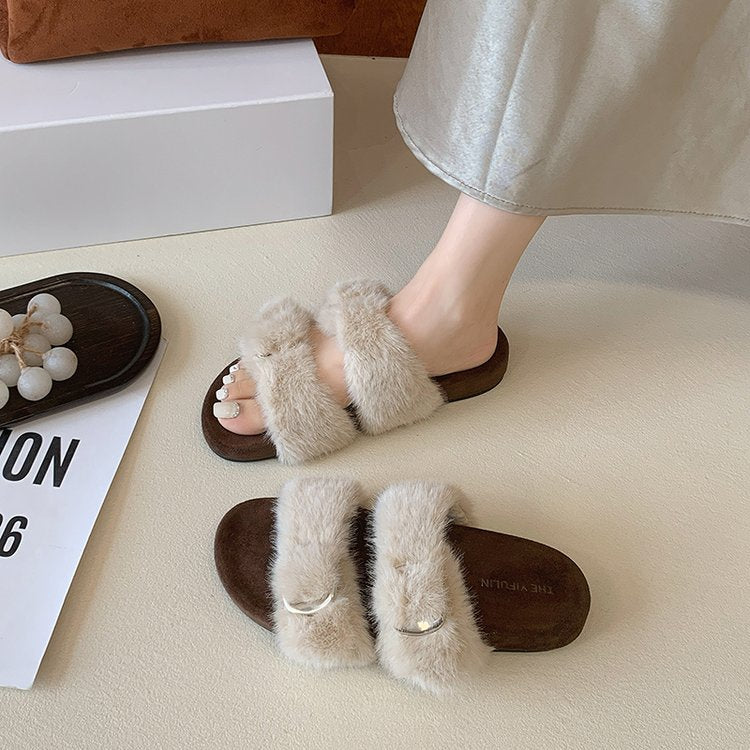 2026 New Warm Furry  Style Double Buckle Slides For Women, Luxe Outdoor Fuzzy Slippers