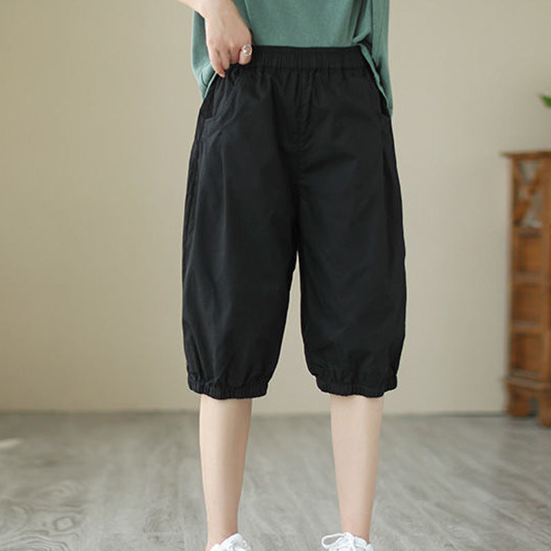 Womens Solid-color Casual Loose-fit Retro Shorts