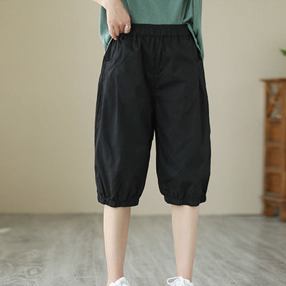 Womens Solid-color Casual Loose-fit Retro Shorts