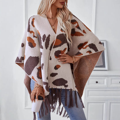 Drizzle-Color Leopard-Print Knitted Tassel CapeShoulder Wrap For Women
