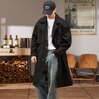 Mens Solid-color Versatile Mid-length Trench Coat