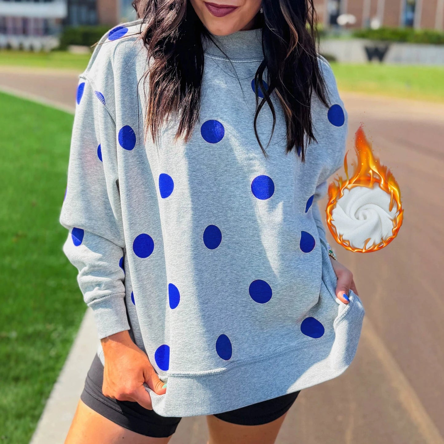Womens Relaxed-fit Casual Polka-dot Printed Mock-neck Sweatshirt