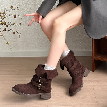 Vintage Belt Buckle Slouchy Boots Women 2026 Fall New Block Heel Mid Calf Western Cowboy Short Boots