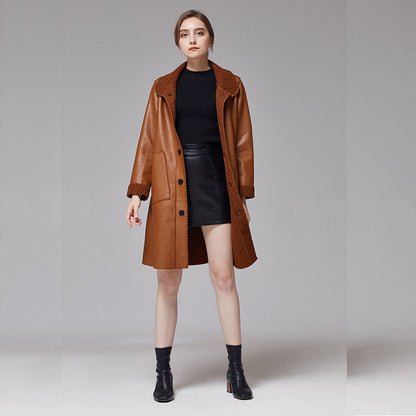 Womens Brown Leather Jacket Mid-length Trench Coat With Fur Trim