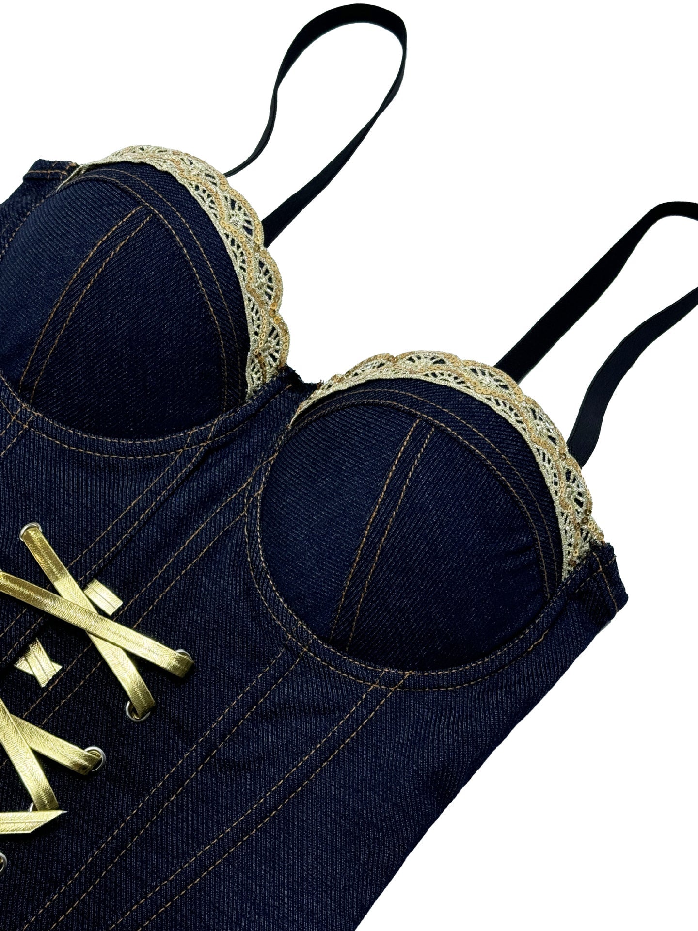 Fashionable Denim Lace-Up Drawstring Fishbone Corset Lace Camisole Versatile Slim-Fit Flattering Backless Top With Chest Pads For Outerwear