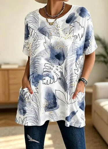 Elegant Blue Monstera Leaf Print Short Sleeve Tunic With Pockets