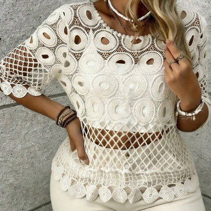 Sun-protective Hollow Crochet Round-neck Short-sleeve Top