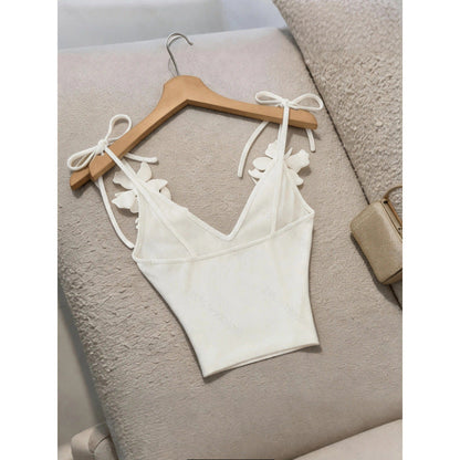Solid Color Knitted Vest with 3D Floral Lace-up Detail - Women's Sleeveless Slim Fit Crochet Top for Casual Daily Wear