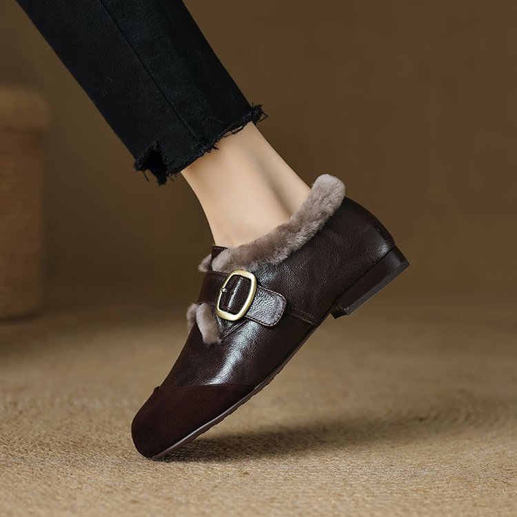 Women's French Fashion Vintage Flat Leather Shoes, 2025 New Arrival, Thickened Deep Vamp Pumps For Autumn & Winter, Comfort Casual Cotton Shoes