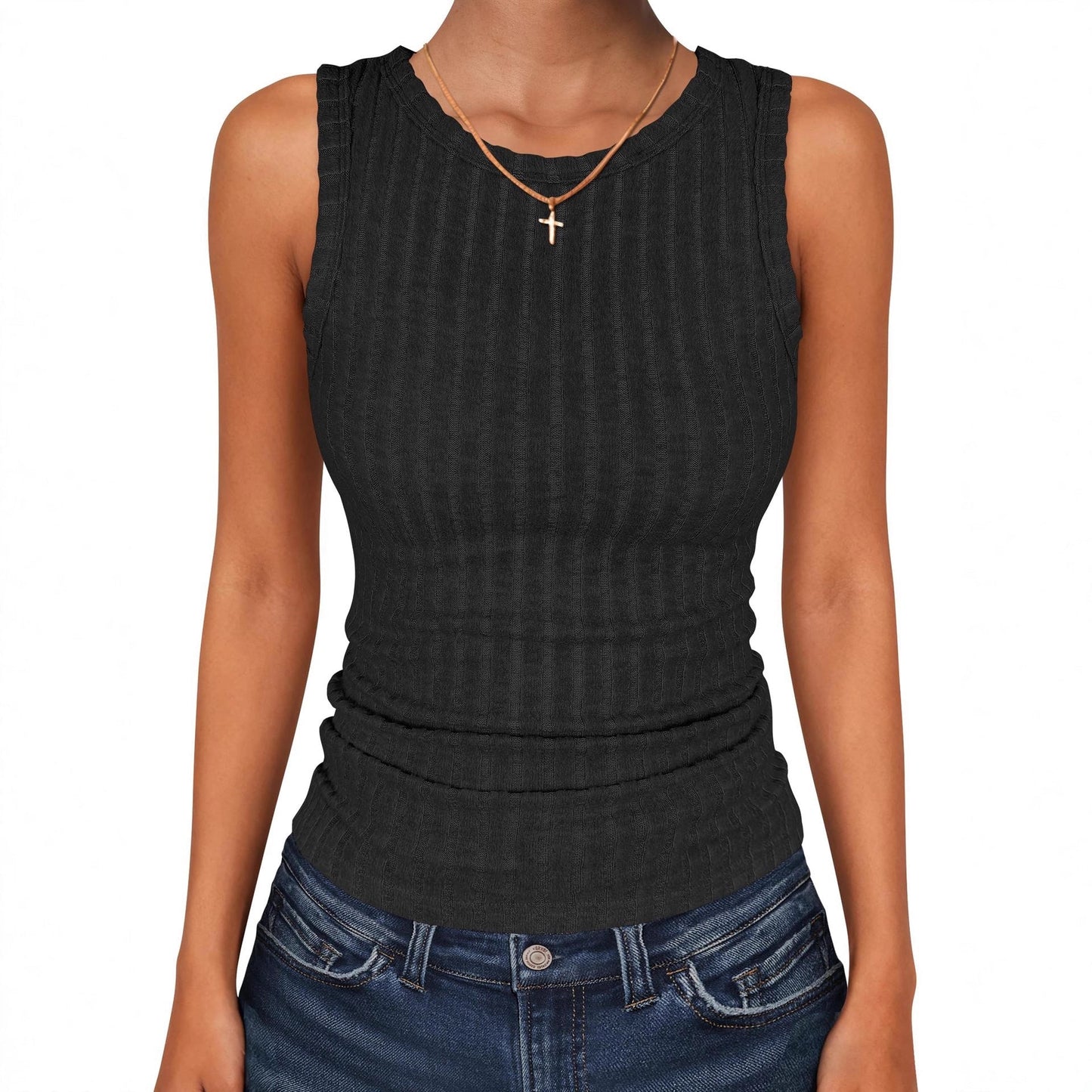 Womens Round-Neck Casual Sleeveless Solid-Color Knitted Vest