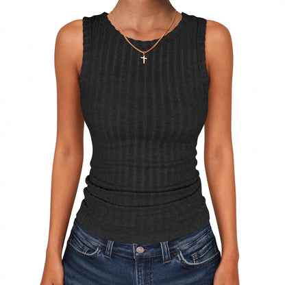 Womens Round-Neck Casual Sleeveless Solid-Color Knitted Vest