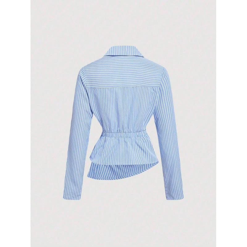 Womens Blue And White Vertical-striped Asymmetrical Long-sleeve Shirt