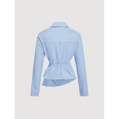 Womens Blue And White Vertical-striped Asymmetrical Long-sleeve Shirt